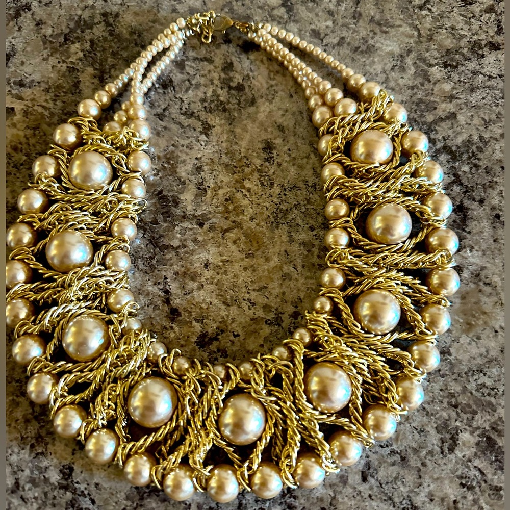 Chunky Bib Necklace - Faux Gold Pearls /Gold Tone Chain - Heavy -quality made
